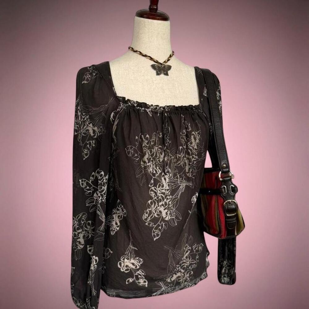 Y2k 100% silk fairy boho sheer peasant square neck blouse